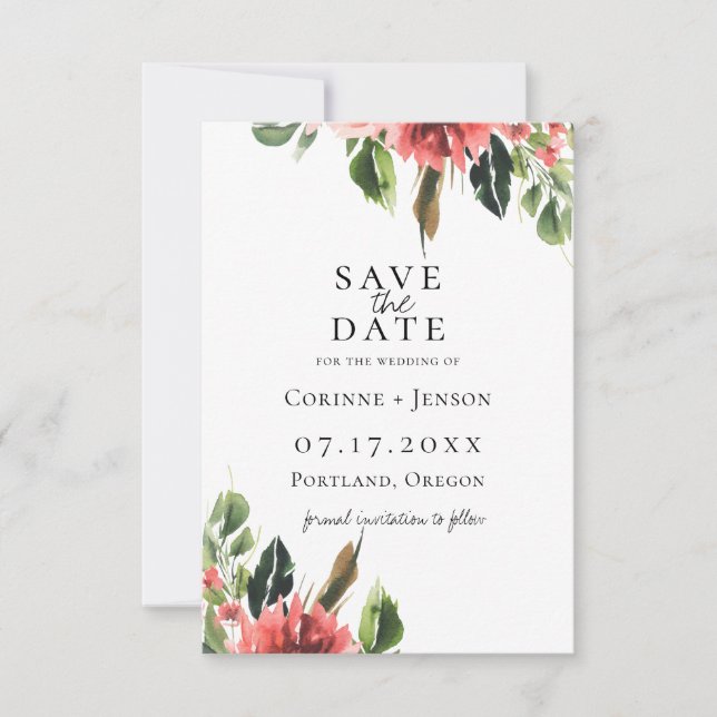 Bohemian Coral Floral Save The Date Announcement (Front)