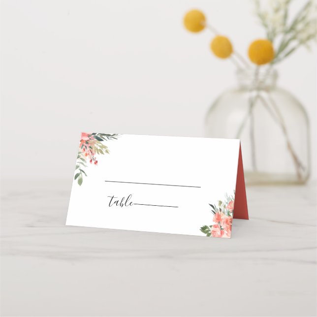 Bohemian Coral Floral Wedding Place Card (Front)