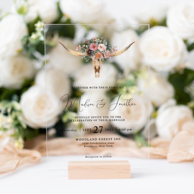 Bohemian Country Style Floral Bull Skull Wedding Acrylic Invitations (Creator Uploaded)