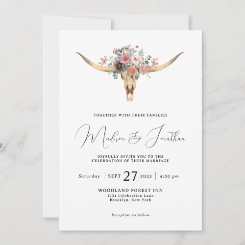 Bohemian Country Style Floral Bull Skull Wedding Invitation