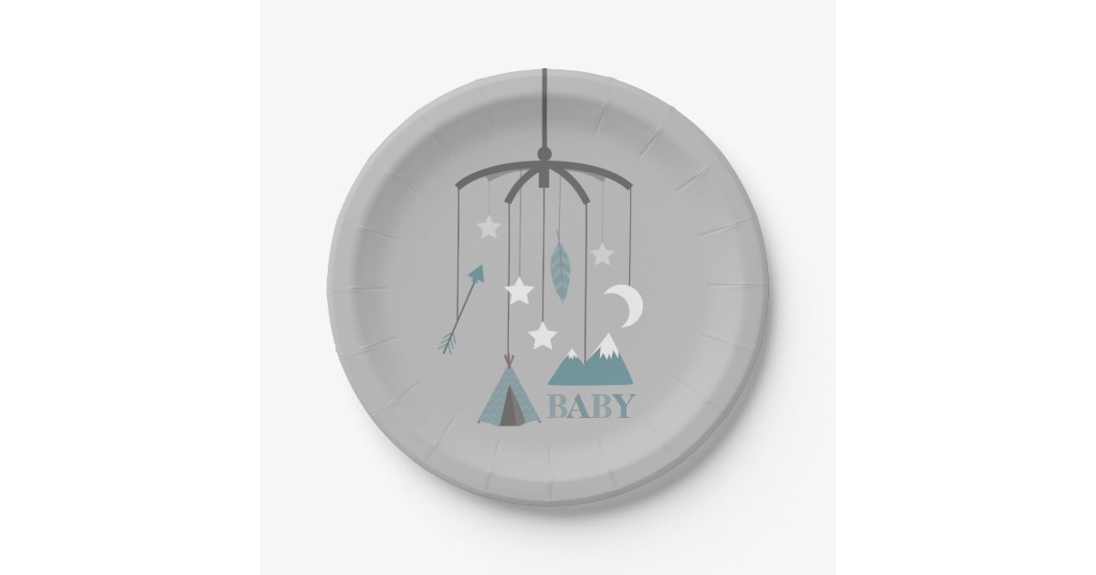 Bohemian Crib Mobile Modern Baby Shower Blue Paper Plate Zazzle Com