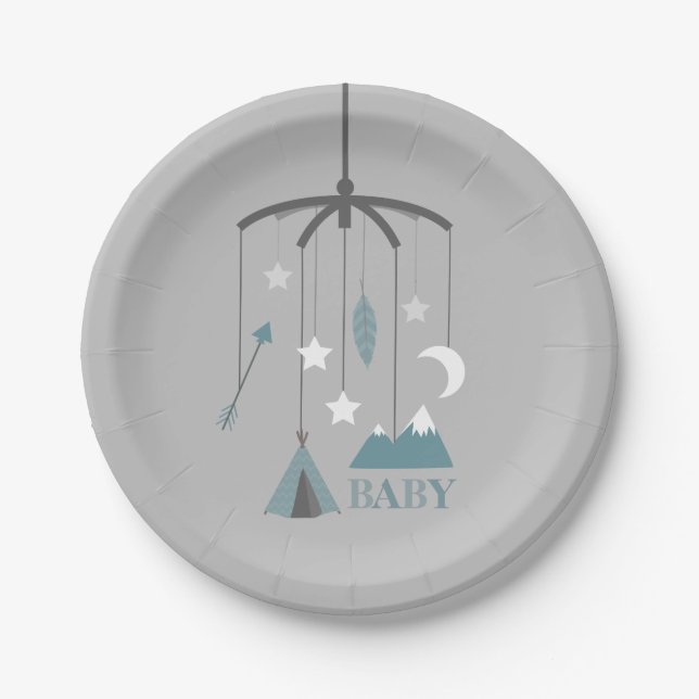 Bohemian Crib Mobile Modern Baby Shower Blue Paper Plates (Front)