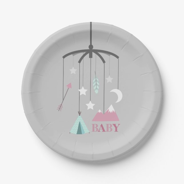 Bohemian Crib Mobile Modern Baby Shower Pink Paper Plates (Front)