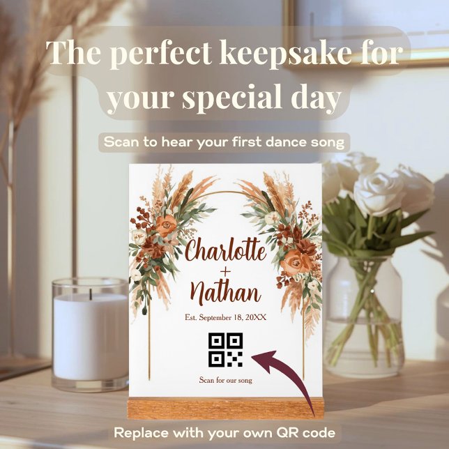 Bohemian Custom Wedding Song QR Code Acrylic Sign (Custom wedding acrylic block. Add your names, date, and a QR code to play your first dance song!)
