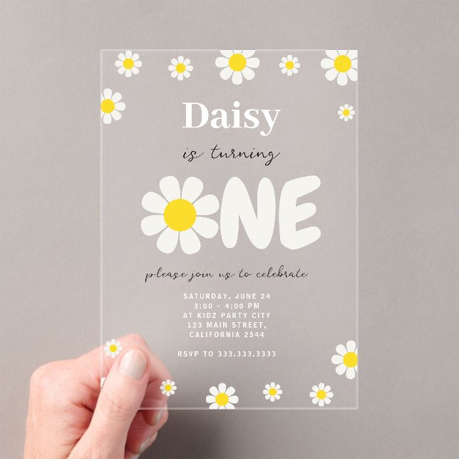 Bohemian Cute Flowers Modern Daisy 1st Birthday Acrylic Invitations (Insitu (Handheld))
