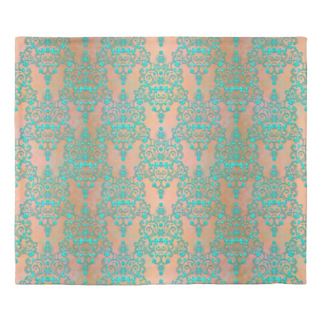 Bohemian Damask Teal/Turquoise over Golden Yellow Duvet Cover (Front)