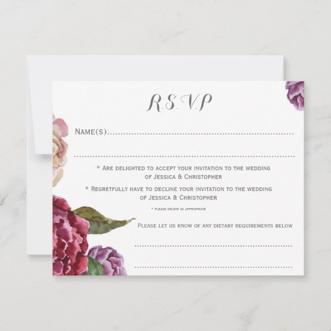 Bohemian Dark Floral Customized Wedding RSVP Card (Front)