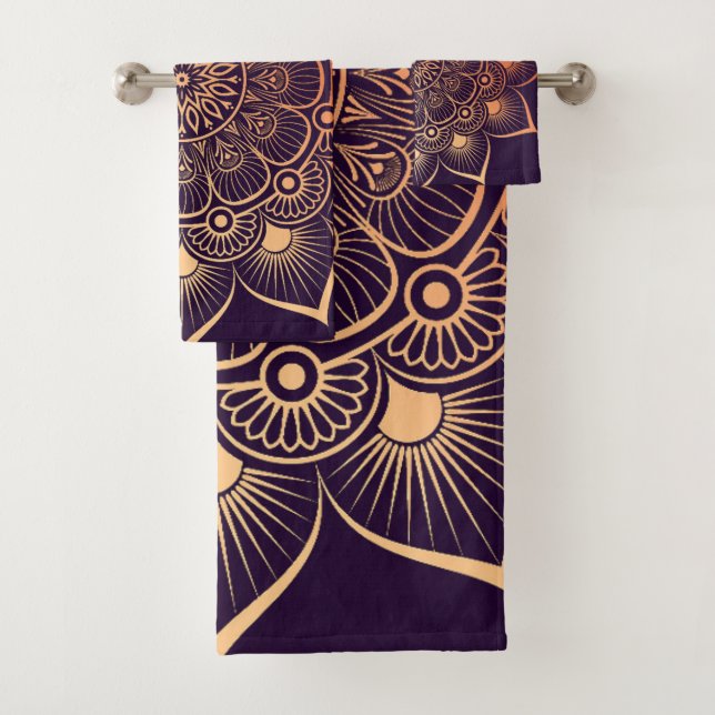 Bohemian Dark Purple and Peach Mandala Bath Towel  (Insitu)