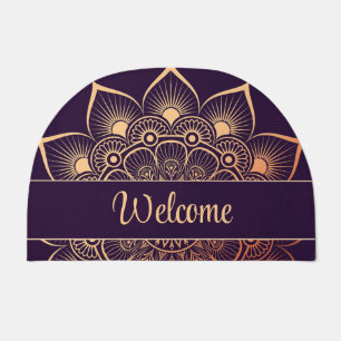 Bohemian Dark Purple and Peach Mandala Custom Text Doormat