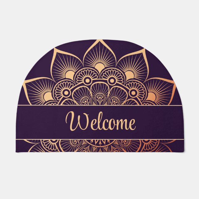 Bohemian Dark Purple and Peach Mandala Custom Text Doormat (Front)