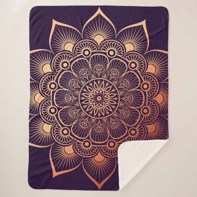Bohemian Dark Purple and Peach Mandala  Sherpa Blanket (Front)
