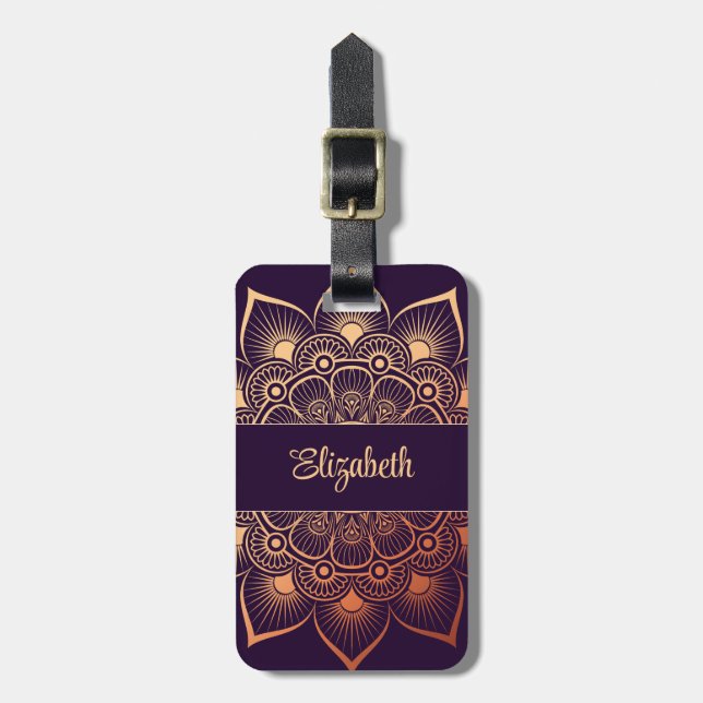 Bohemian Dark Purple Peach Mandala Luggage Tag (Front Vertical)