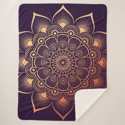 Bohemian Dark Purple Peach Mandala Sherpa Blanket