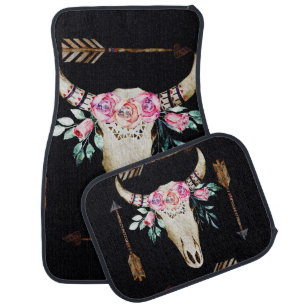 Bohemian Deer Skull Watercolor Art Car Floor Mat