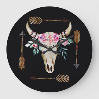 Bohemian Deer Skull Watercolor Art Large Clock