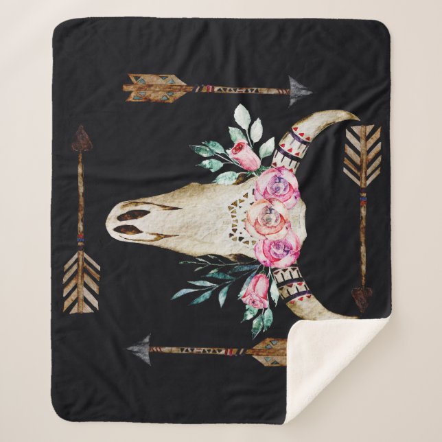 Bohemian Deer Skull Watercolor Art Sherpa Blanket (Front)