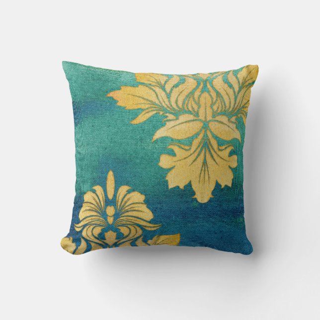 Bohemian Desert BOHO Blue Gold Damask Leaves Art Throw Pillow (Front)