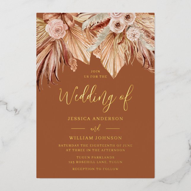 Bohemian Dream Wedding:  Boho Terracotta Gold Foil Invitation (Front)