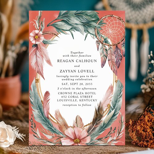 Bohemian Dreamcatcher And Feather Wreath Wedding Invitation