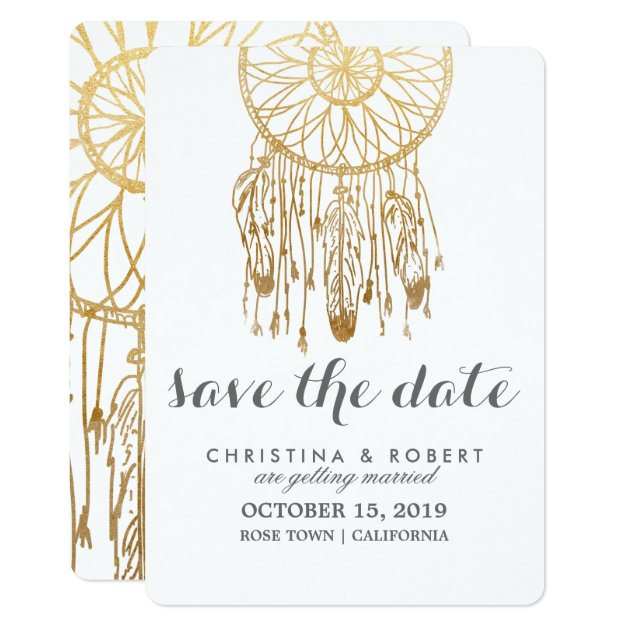 Bohemian Dreamcatcher Faux Gold Foil Save The Date Card