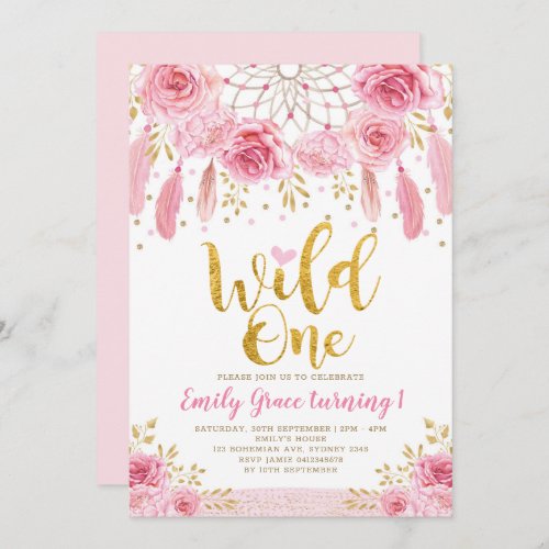 Bohemian Dreamcatcher Pink Gold Wild One Birthday Invitation