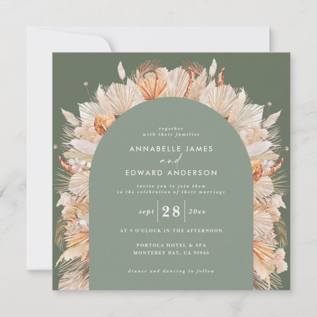 Bohemian dried botanical pampas grass sage green invitation (Front)