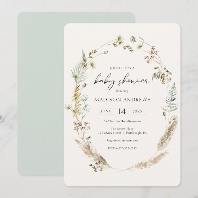 Bohemian Dried Bouquet Blue Baby Shower Invitation (Front/Back)