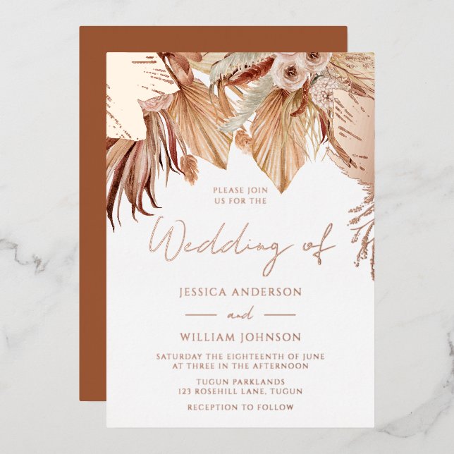 Bohemian Dried Floral Wedding Rose Gold Foil Invitation (Front/Back)