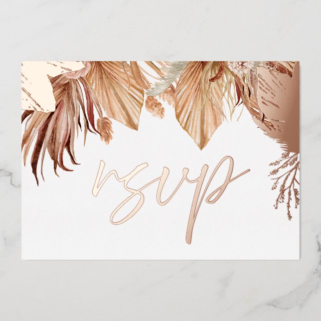 Bohemian Dried Floral Wedding Rose Gold Foil RSVP Foil Invitation (Front)