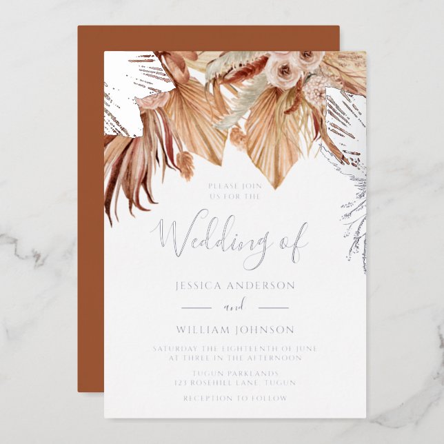 Bohemian Dried Floral Wedding Silver Foil Invitation (Front/Back)