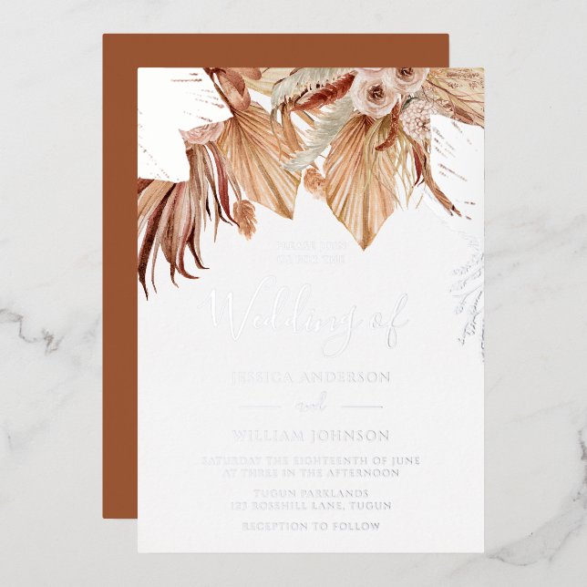 Bohemian Dried Floral Wedding Silver Foil Invitation (Front/Back)