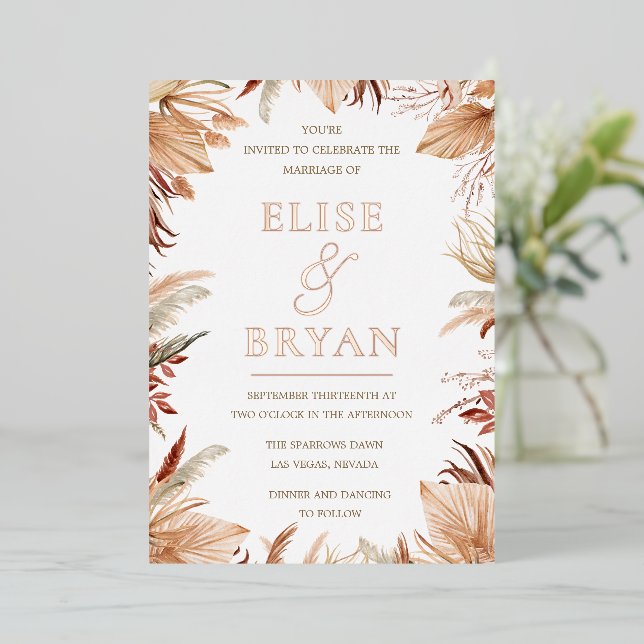 Bohemian Dried Leaves Rose Gold Boho Wedding Foil Invitation (Standing Front)