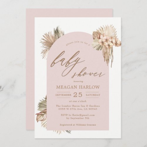 Bohemian Dried Palm Leaves Pink Baby Shower Invitation