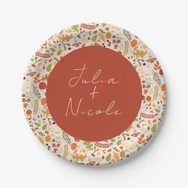 Bohemian Dried Rustic Floral Autumn Falls Wedding Paper Plates (Front)