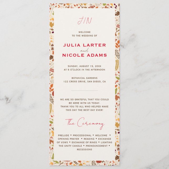 Bohemian Dried Rustic Floral Autumn Falls Wedding Program (Front)