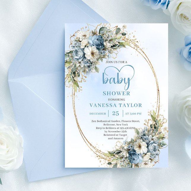 Bohemian Dusty Blue Floral Gold Baby Shower Invite (Bohemian Dusty Blue Floral Gold Baby Shower Invite

)