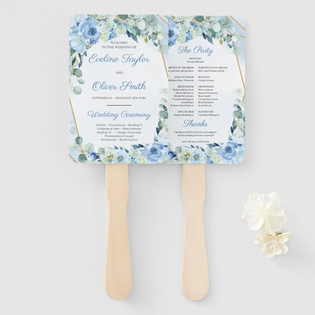 Bohemian Dusty Blue Floral Gold Frame Program Hand Fan (Front and Back)
