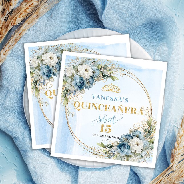Bohemian Dusty Blue Floral Gold Glitter Quinceañer Napkins (Bohemian Dusty Blue Floral Gold Glitter Quinceañera Napks)