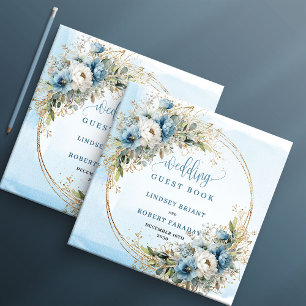 Bohemian Dusty Blue Floral Gold Glitter Wedding Guest Book