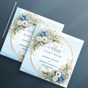 Bohemian Dusty Blue Floral Gold Wedding Guest Book