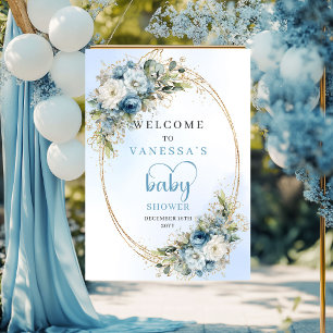 Bohemian Dusty Blue Floral Greenery Baby Shower Poster