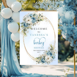 Bohemian Dusty Blue Floral Greenery Baby Shower Poster
