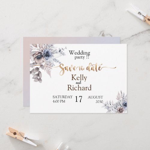 Bohemian dusty blue floral save the date invitation
