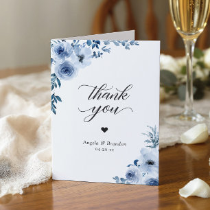 Bohemian Dusty Blue Floral Trendy Stylish Letterpress Thank You Card