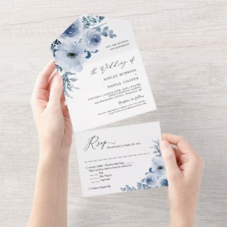 Bohemian Dusty Blue Floral All In One Wedding Invitation