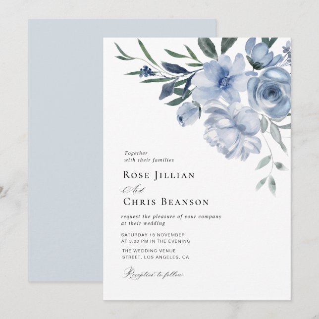 bohemian dusty blue floral wedding invitation (Front/Back)