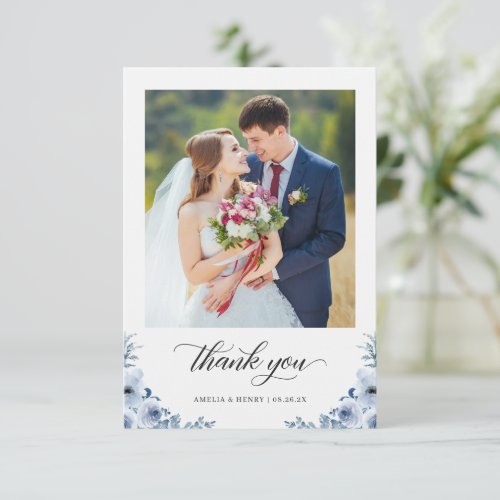 Bohemian Dusty Blue Floral Wedding Photo Thank You Card