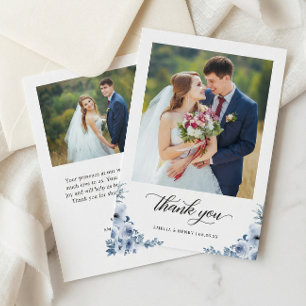 Bohemian Dusty Blue Floral Wedding Photo Thank You Card
