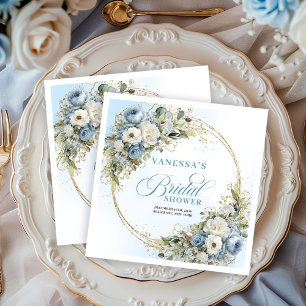 Bohemian dusty blue flowers gold frame bridal paper dinner napkins