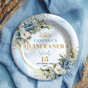 Bohemian Dusty Blue Flowers Gold Glitter Custom  Paper Plates